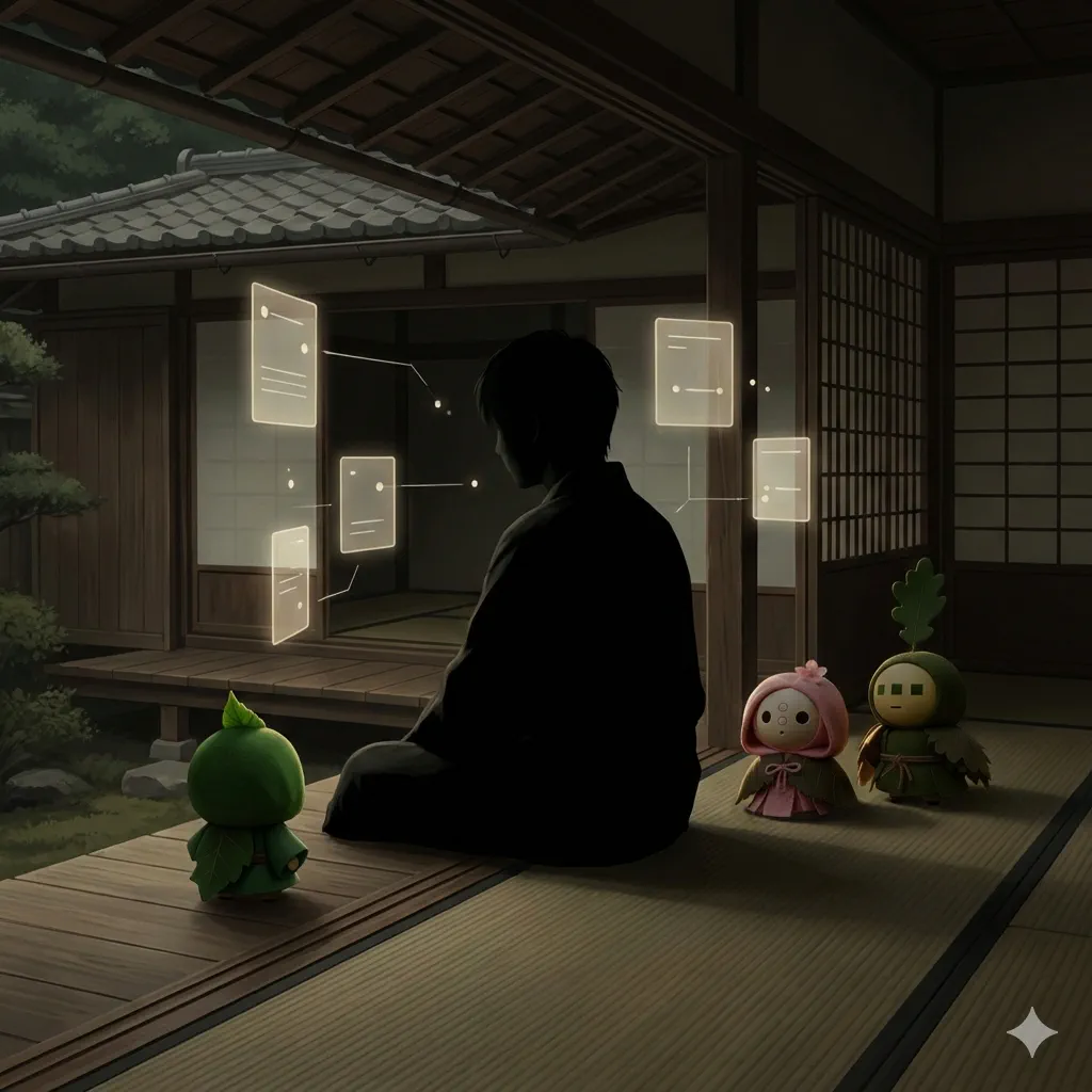 静かな和風の屋敷の室内。人物は座っているが、顔は完全に影に隠れている。