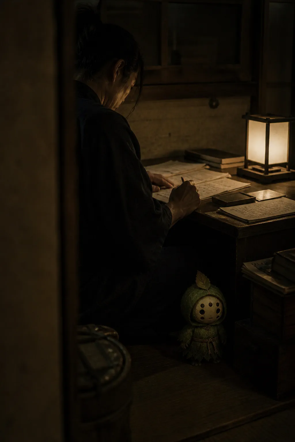 夜の机に向かう弥七のそばで、小さな灯りの近くにふかのすけが静かにいる屋敷の室内