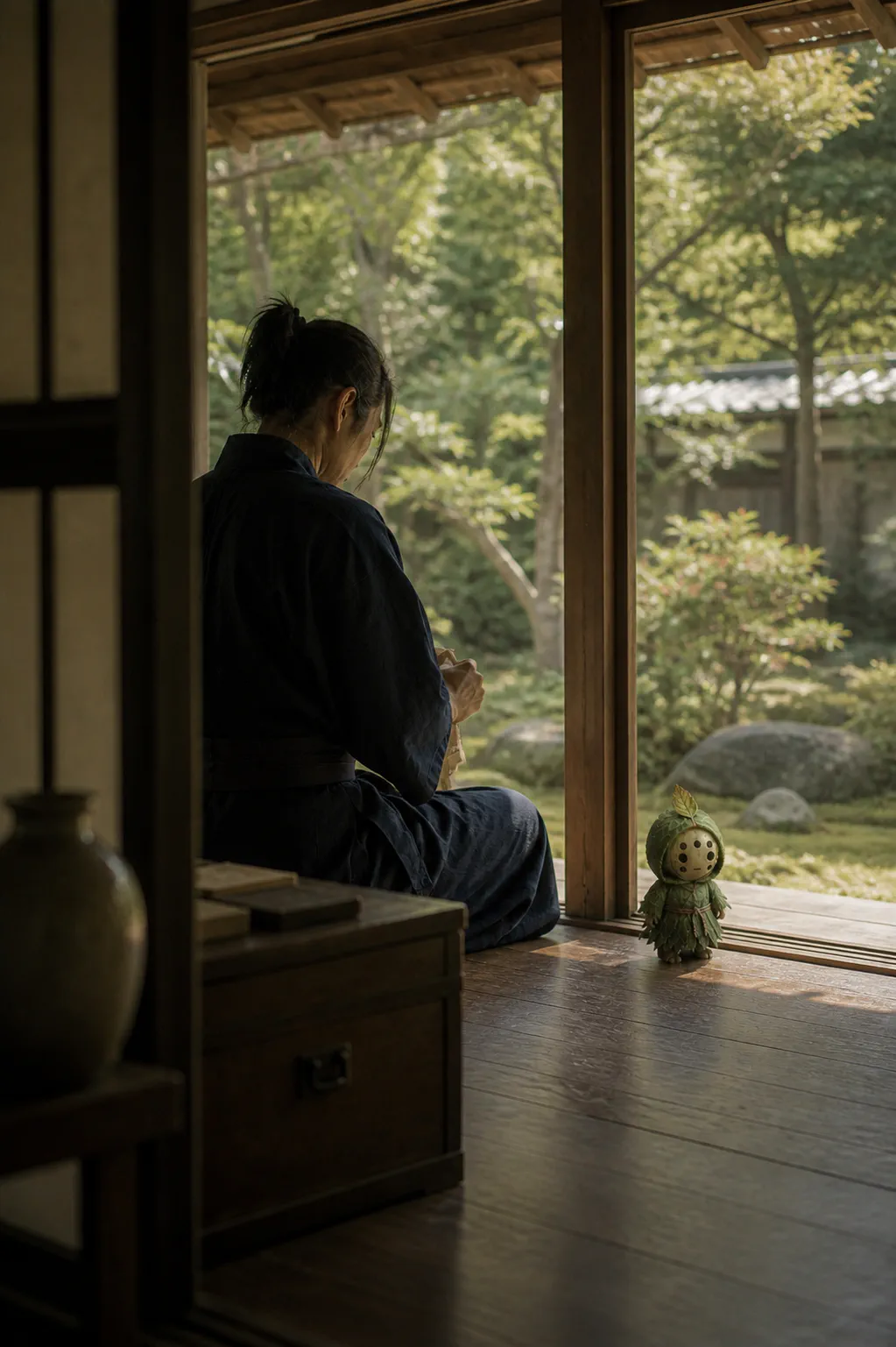 縁側に近い静かな屋敷の室内で、斜め後ろ姿の弥七が手元の作業をしており、光と影の境目にふかのすけが小さくいる