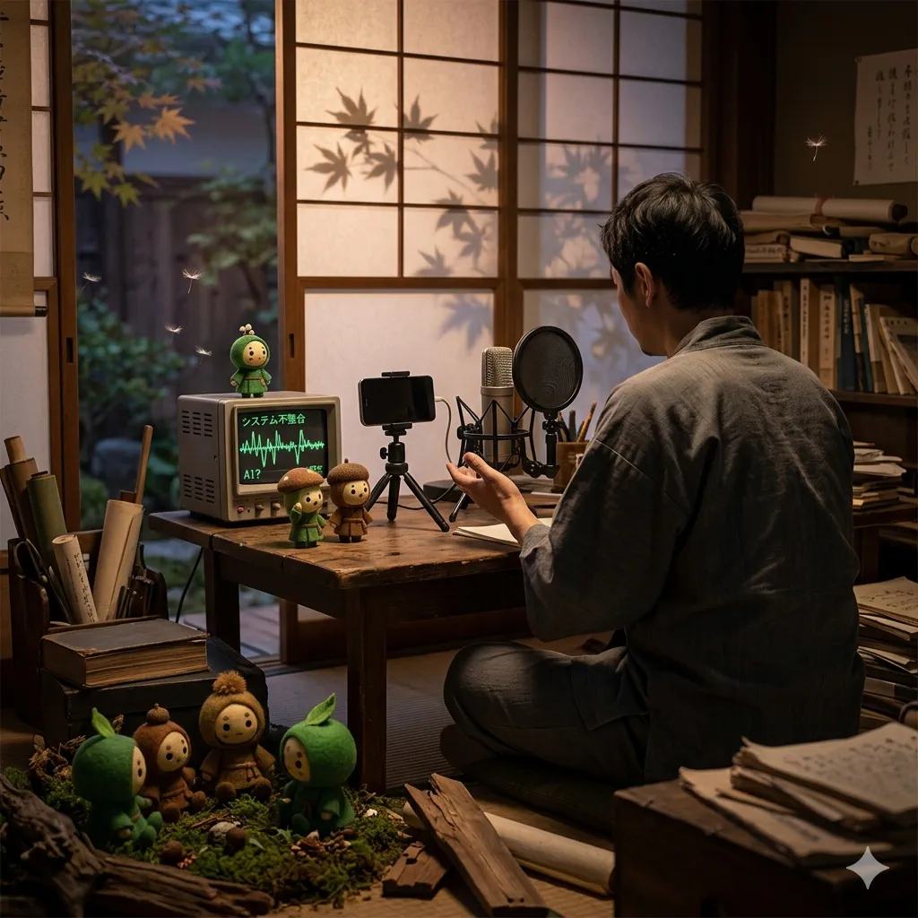 AIとの会話に違和感を抱えながら机に向かう人物