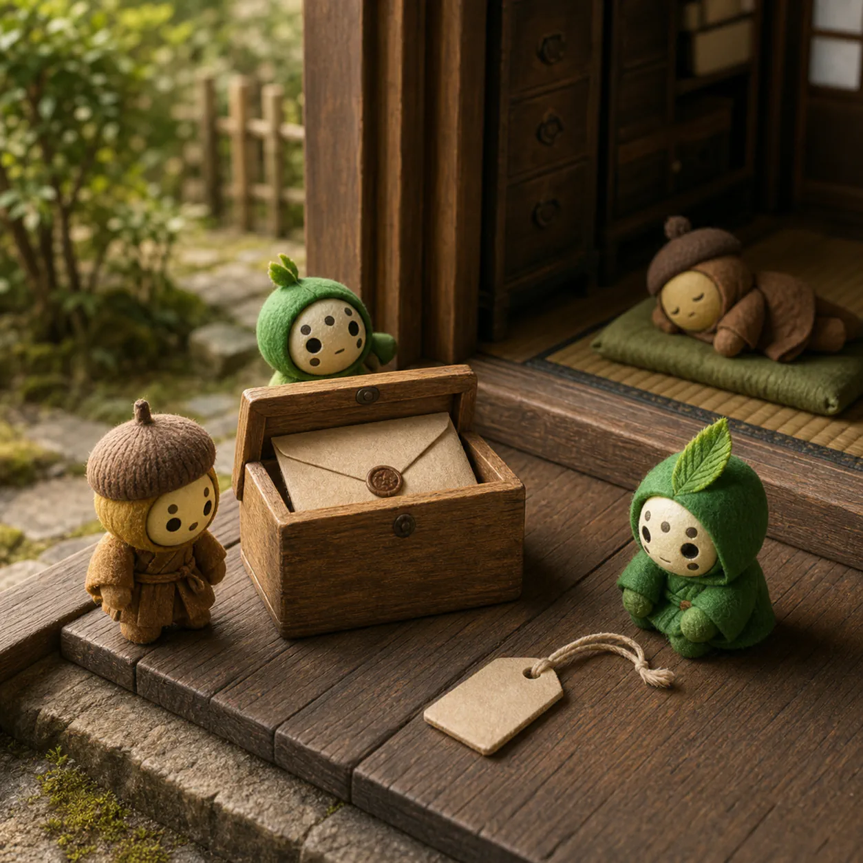 しまわれた手紙のそばで、外へ渡す小さな伝言札を弥七たちが見守っている。