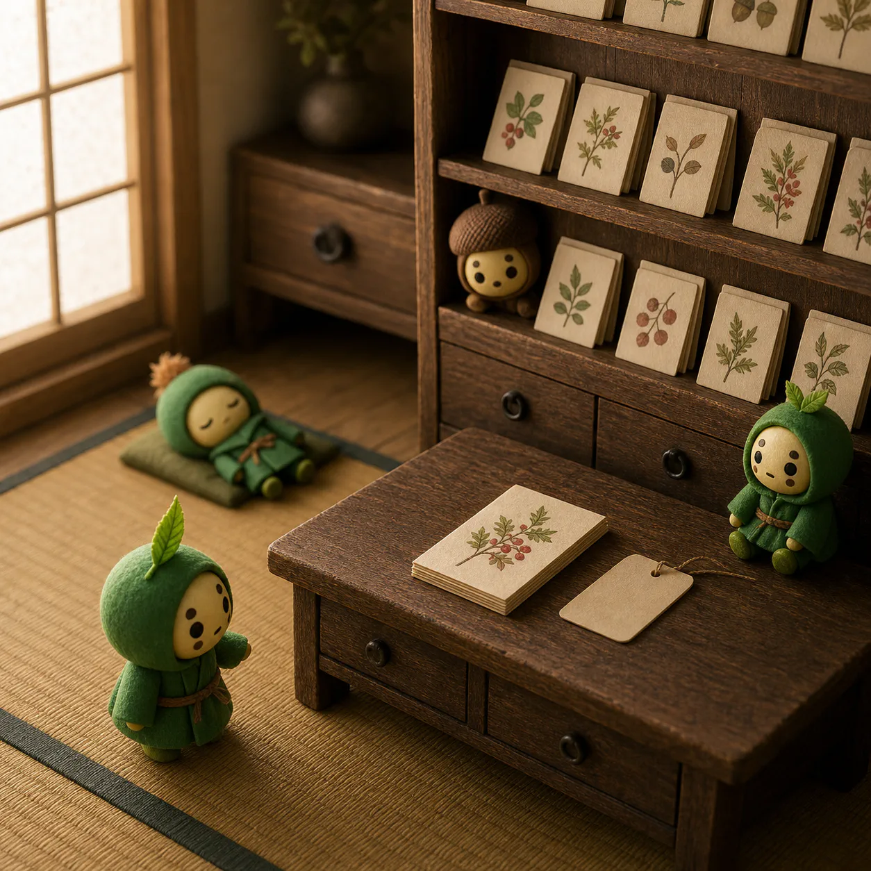 絵札の棚と机の上の一枚を、弥七と小さな住人たちが見守る屋敷の一室。