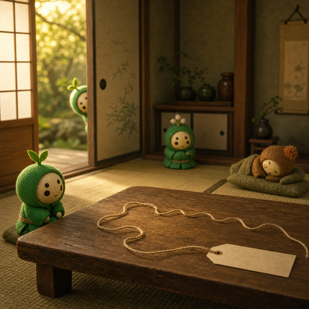 昨日までの糸と今日の小さな札を、弥七が静かに眺めている屋敷の一室。