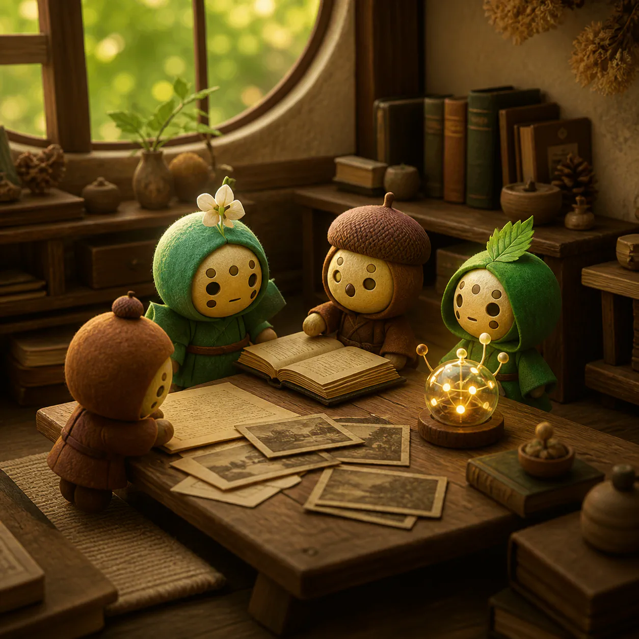 紙や本、写真のそばに屋敷の小さなキャラクターたちがいる静かな机まわり