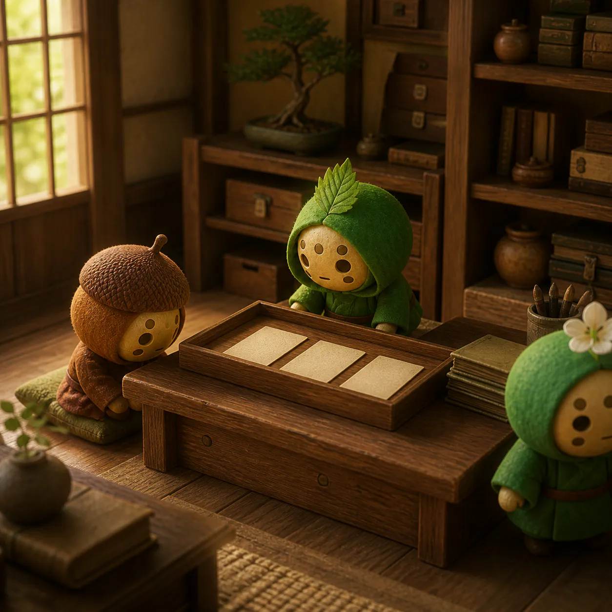 木の机に置かれたトレーの中の3枚の無地の古いカードを、屋敷の小さなキャラクターたちが眺めている