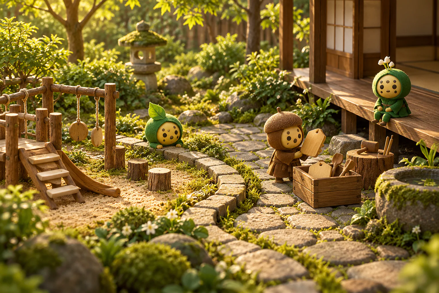 屋敷の縁側に面した庭で、木の遊具と道具箱のあいだにずれた石畳が続き、3体の小さなキャラクターが座る、札を運ぶ、覗く姿を見せている。